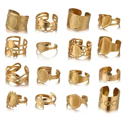 Banhado a ouro em aço inoxidável Open Resin Ring, Base Settings, Flat Blank, Large, Round, Oval Tray, Bezel, Jewelry Making, 4Pcs, Lot