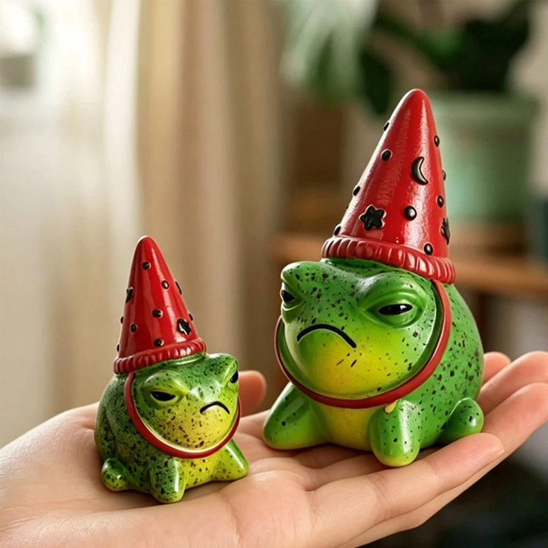 Cute Grumpy Frog Resin Figurine with Polka Dot Party Hat for Home Desk Decor Funny Animal Ornament Gift Idea for Friends