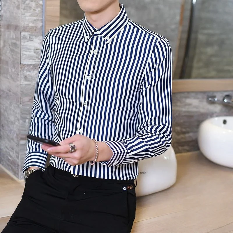 Spring Autumn Men's Long Sleeve Shirt Fashion Business Casual Slim Fit Vertical Striped Shirt