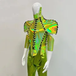 Bar Nightclub Muscle Men's Space Mirror Armor Dancing Costume Sexy Club Party Show Stage Wear Green Laser Tops Pants Outfits