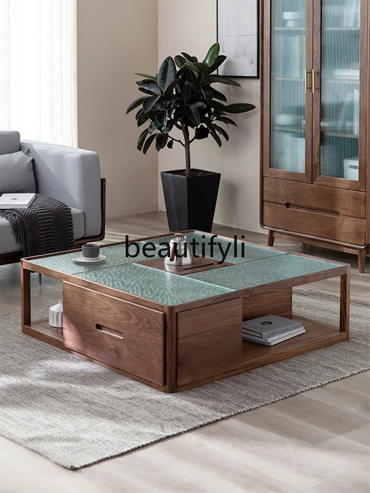 

Nordic black walnut all-solid wood coffee table glass surface, modern simplicity, drawer storage household coffee table