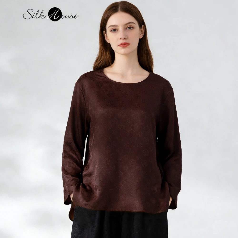 Plus Size Women's Fashion Spring New 100% Natural Mulberry Silk Red Cloud Yarn Round Neck Long Sleeve Simple Breathable T-shirt