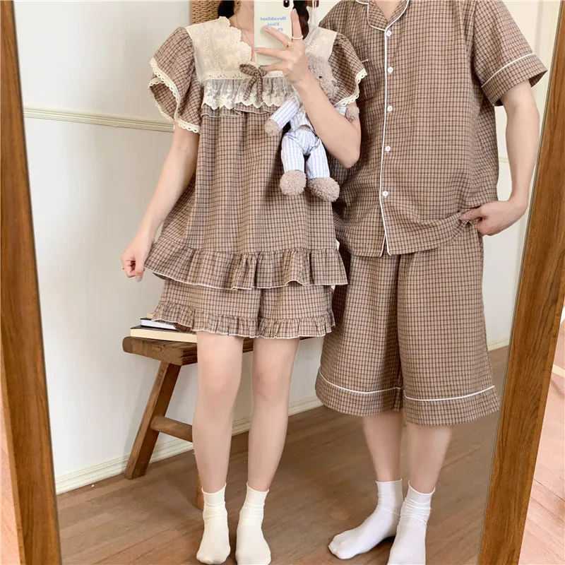 Women Men Sleepwear Home Suit Couple Pajama Set Lace Embroidery Princess Loose Plaid Homewear Shorts Pyjamas Cute Out Wear S170