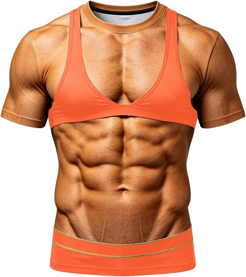 Summer Men 3D Muscle Body Fake Bikini Printed Tee Funny Optical Illusion Short Sleeve Tshirt Hip Hop Halloween Party Costume Top