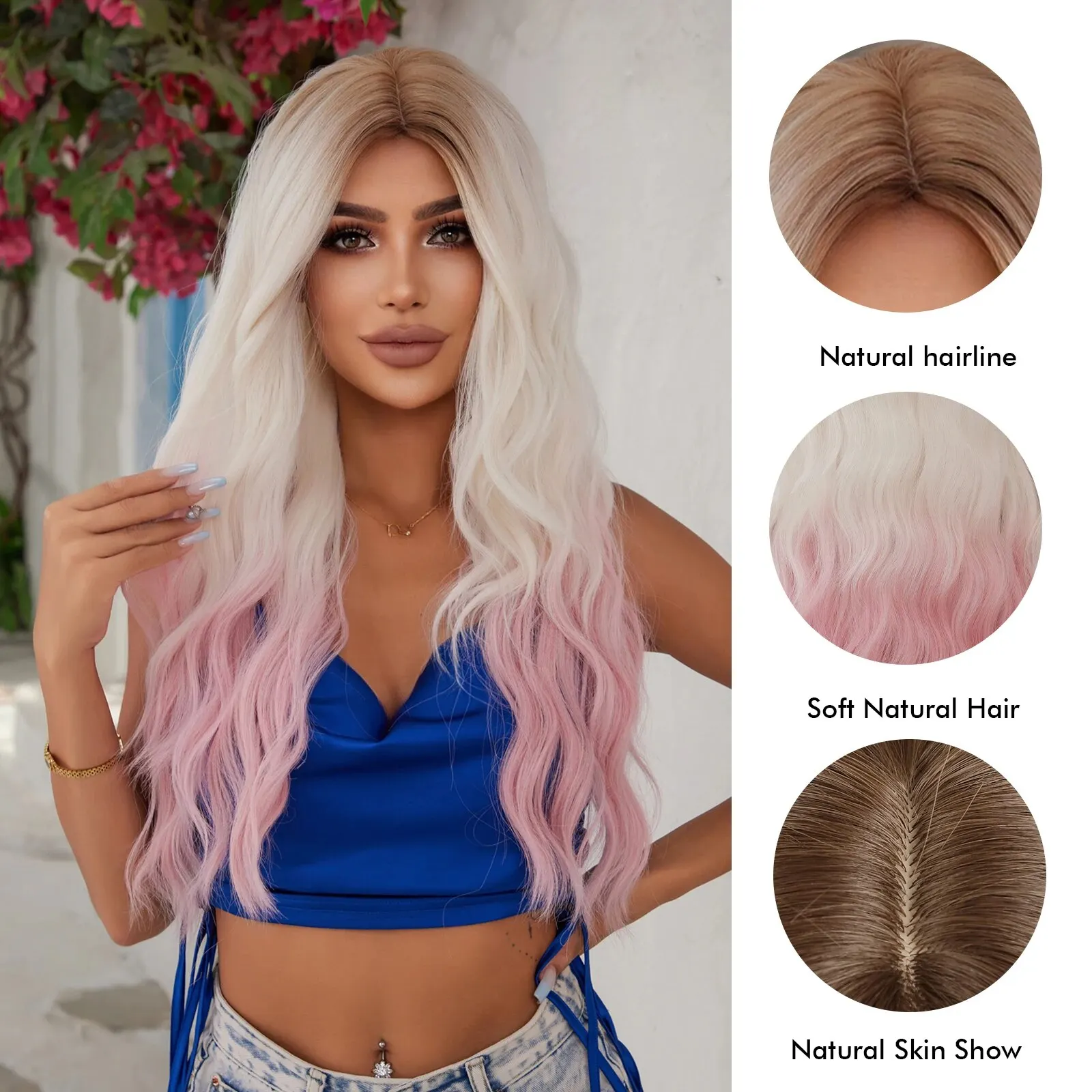 Eleganckie peruki syntetyczne Ombre White to Pink Color Water Wavy Curly Wig dla dziewcząt i kobiet Naturalne włosy Codzienne użytkowanie Cosplay