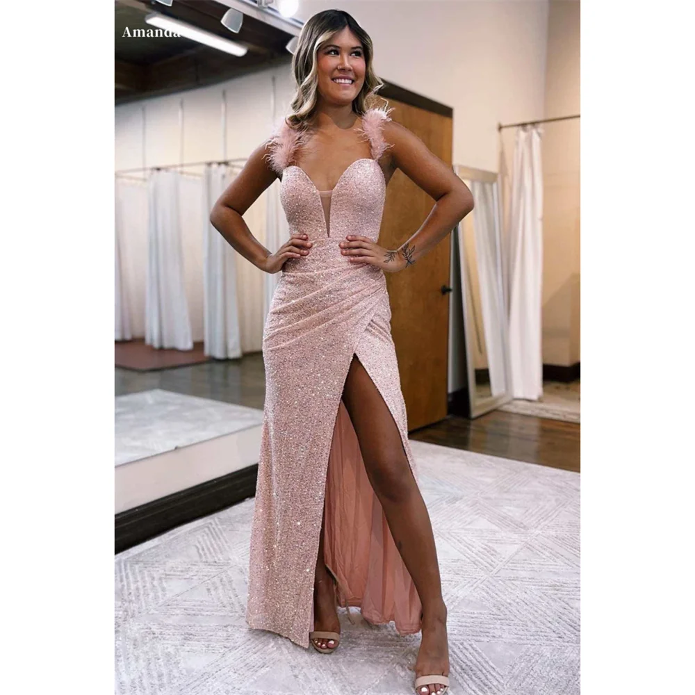 

Amanda Pink Glitter Formal Occasion Sexy Side Split Spaghetti Strap vestidos de fiesta Elegant Sleeveless Porm Dresses 2024