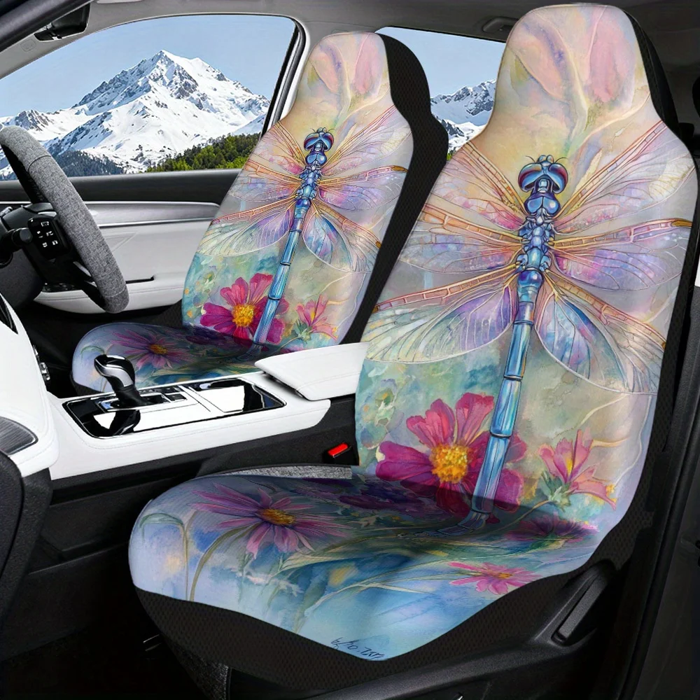 2pcs Car Seat Covers Set, Dragonfly And Flowers Print, Fashionable Vehicle Seat Covers. Fits Urban Commutes, Holiday Trips & Da