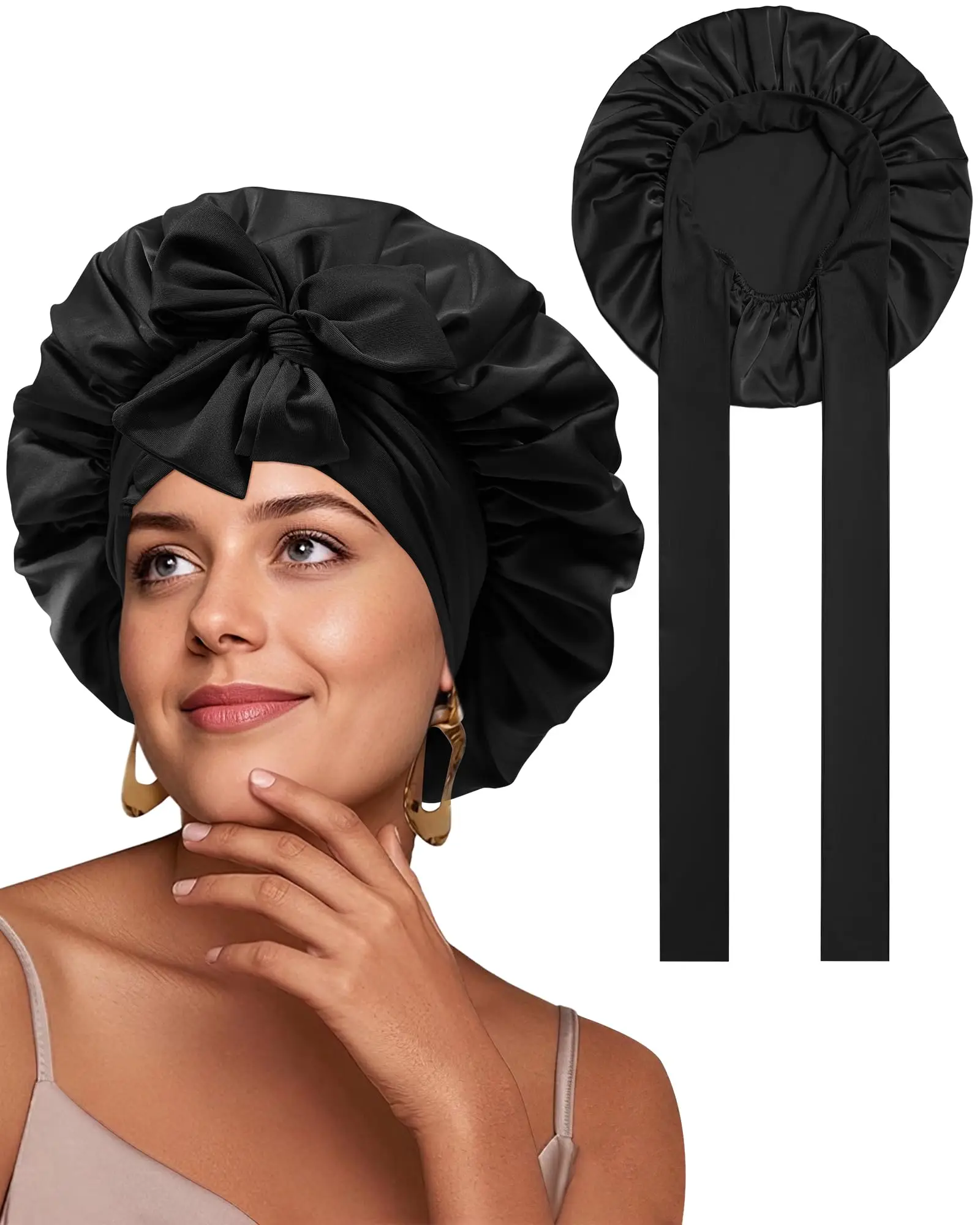 

Satin Bonnet for Sleeping Women Silk Sleep Bonnet for Curly Hair Wrap with Elastic Tie Band Night Cap Wine Red