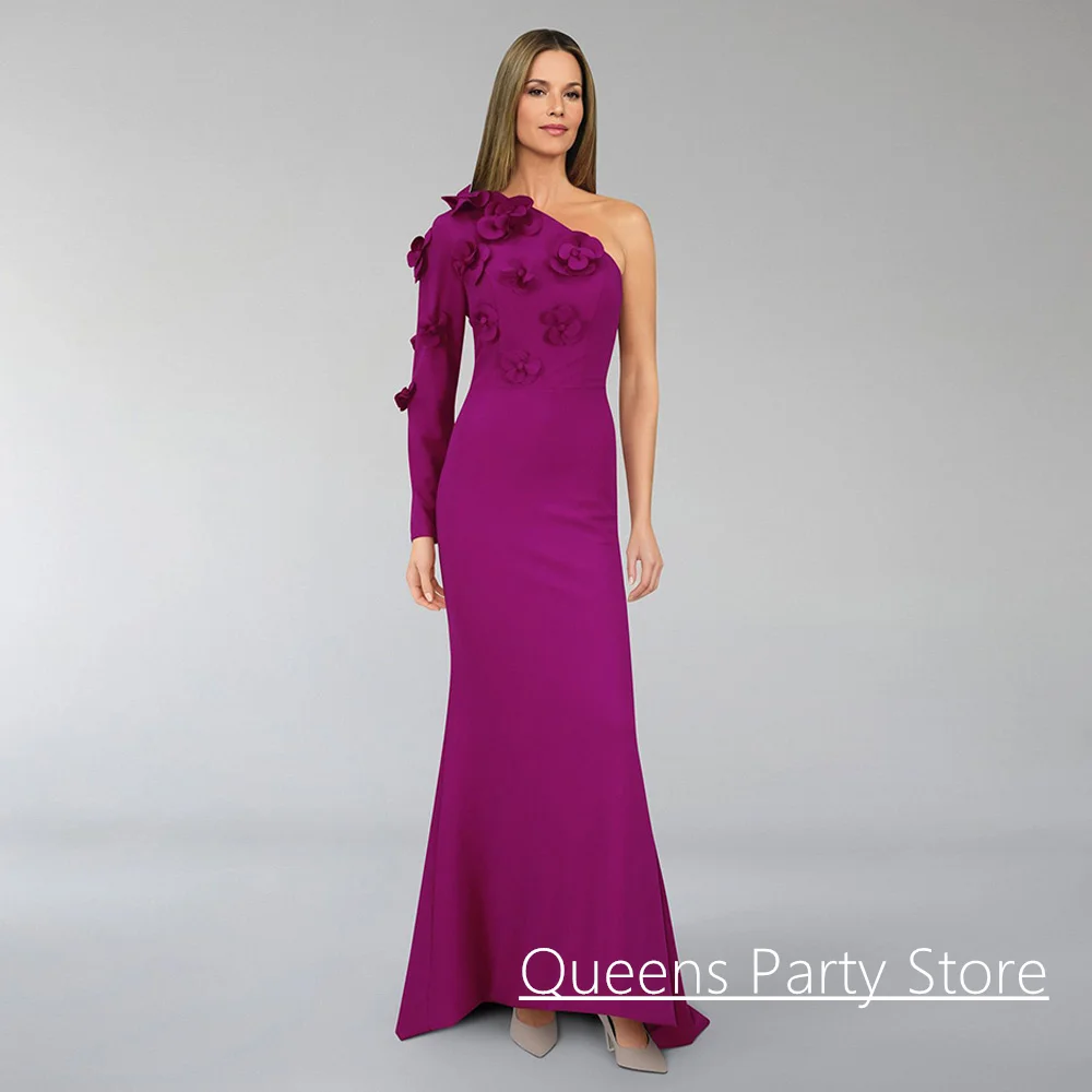

Flower Evening Dress Customized One Shoulder Long Sleeve Sweep Train Arabian Woman Wedding Party Dresses Mermaid Party Gown