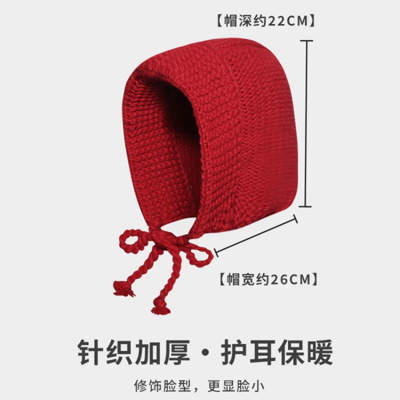 Retro New Year Red Strap Bomber Hats Women Autumn and Winter Atmosphere Casual Warm Fashion Versatile Ear Protector Knitted Cap