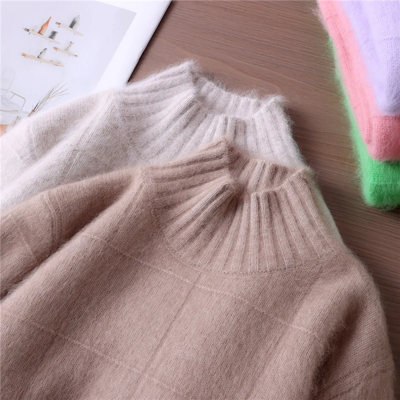 

Women's 100% Pure Mink Cashmere Mock Turtleneck Pullover Sweater Autumn Winter Korean Style Simple Versatile Knit Sweater Coat