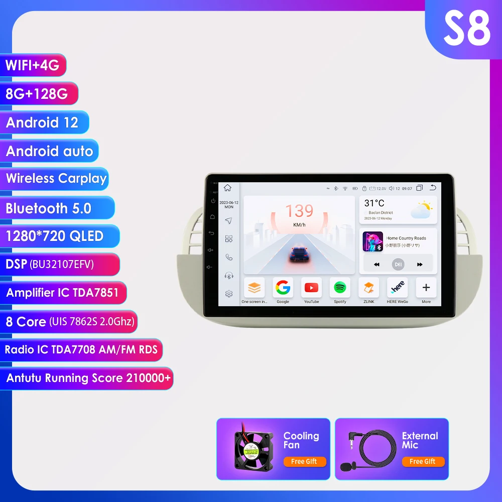 OSSURET 1Din 8G 128G Carplay 9'' Android autoradio voor Fiat 500 2007-2014 GPS Multimedia Videospeler Navi 4G WIFI BT DSP 7862