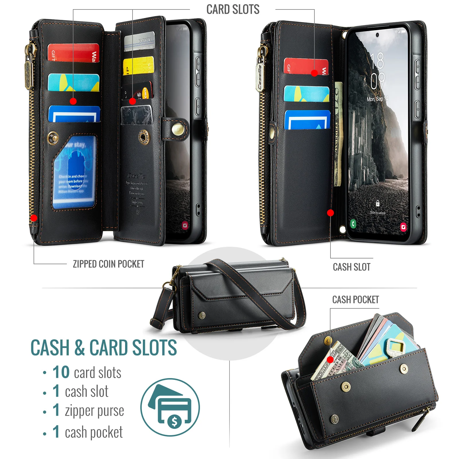 

Caseme-C36 Wallet Case For Samsung Galaxy A17 A13 A14 A15 A16 A22 A23 A24 A25 A32 A33 A34 A35 A36 A55 Card Slot Long+Short Strap