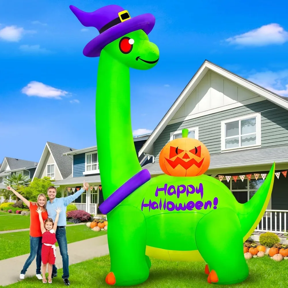 

14 FT Tall Halloween Inflatables Outdoor Decorations Dinosaur with Long Neck, Halloween Blow up Dinosaur with Pumpkin Built-in