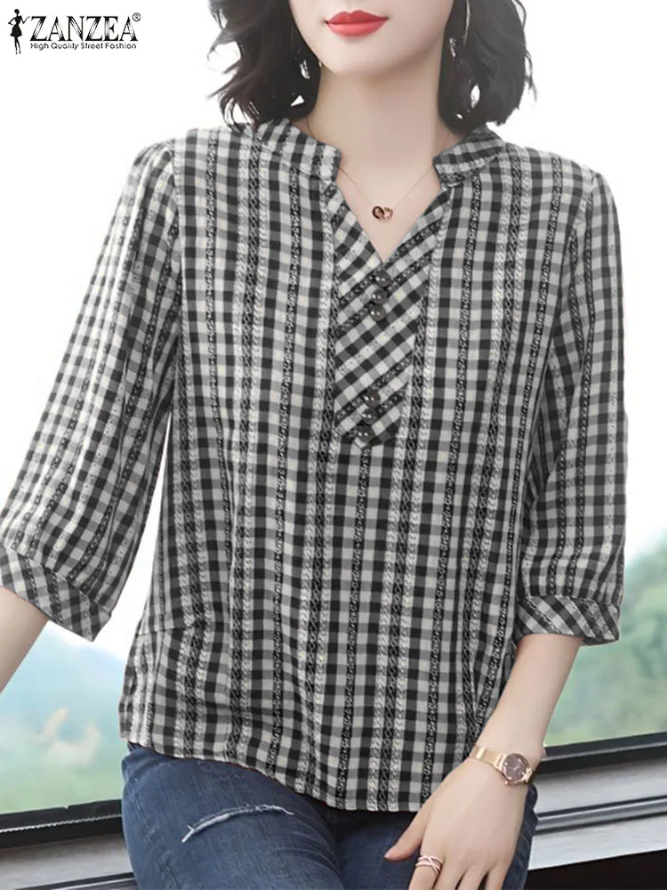 

Vintage 3/4 Sleeve Plaid Checked Blouse ZANZEA Women Summer Tops Holiday Work Shirt Casual V Neck Blusas Female Tunic Chemise