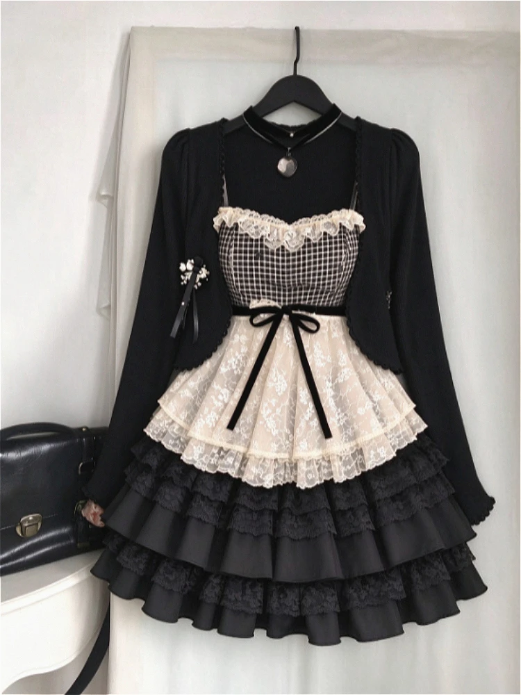 Sweet Kawaii Japanese Preppy Matching 2 Piece Outfit Lace Bow Patchwork Blouse Y2k Mini Skirt Elegant Fashion Daily Outfits New