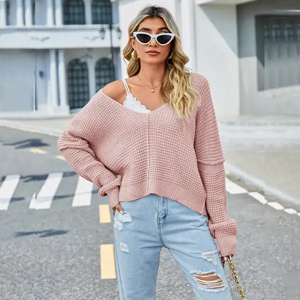 

New Popular V-neck Solid Color Off Shoulder Loose and Versatile Long Sleeve Spring Autumn Knit Tops for Women