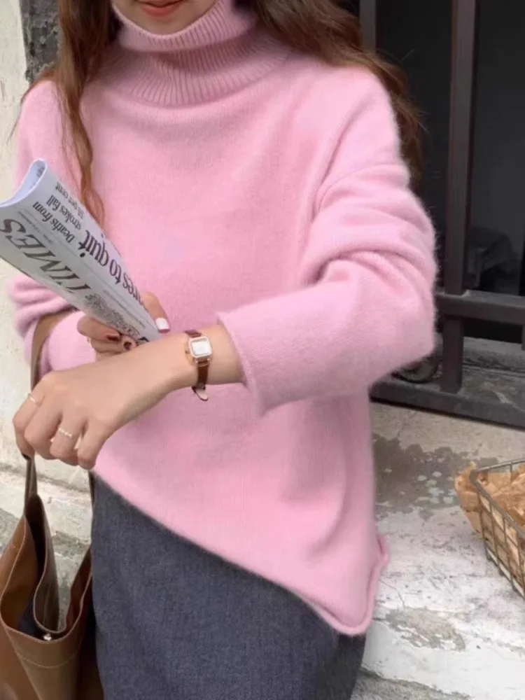 Maglione dolcevita in cashmere spesso per donna maniche arrotolate autunno e inverno nuova camicia con fondo in maglione di lana con fondo allentato