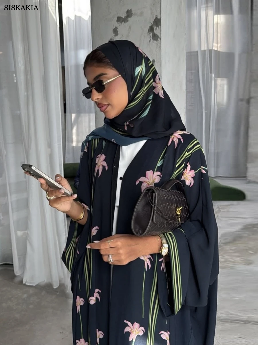 

Siskakia мусульманский элегантный цветочный принт женский открытый сетчатый хиджаб Абая в комплекте кафтаны с длинными рукавами