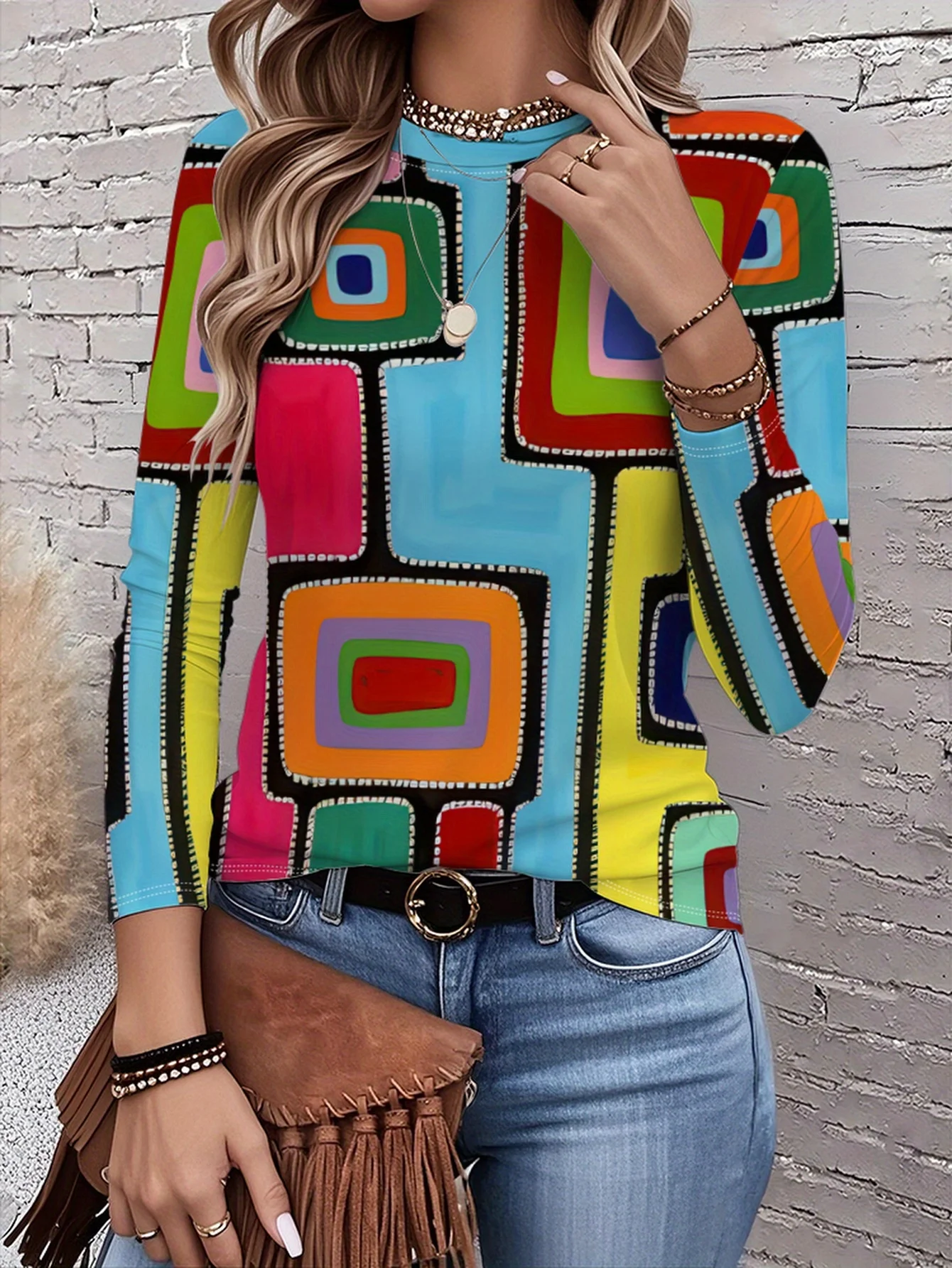 

Brightly colored checkered pattern women's round neck long-sleeved top, a stylish and casual everyday look, a new 2026 style.