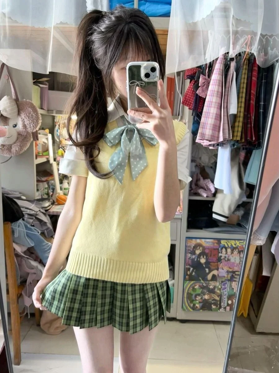 

Attention-Grabbing Small Qingmei 2026 Japanese Style JK Uniform Knitted Sweater Set Sleeveless Vest Green Plaid Skirt Set
