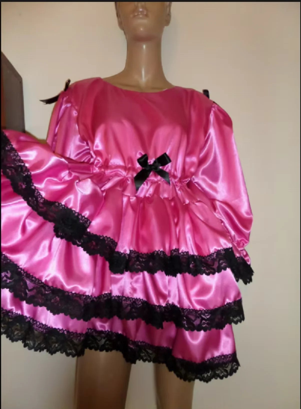 

SATIN PRETTY FRILLY RUFFLE DRESS ADULT BABY SISSY DEEP PINK BLACK LACE TRIM