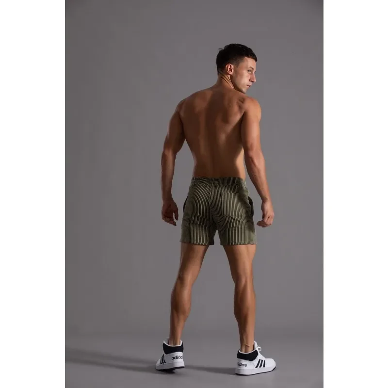 Vertical Striped Cotton Shorts Men's Plus Size Sweatpants Men's Three-quarter Fitness Running Casual Pants Army Green