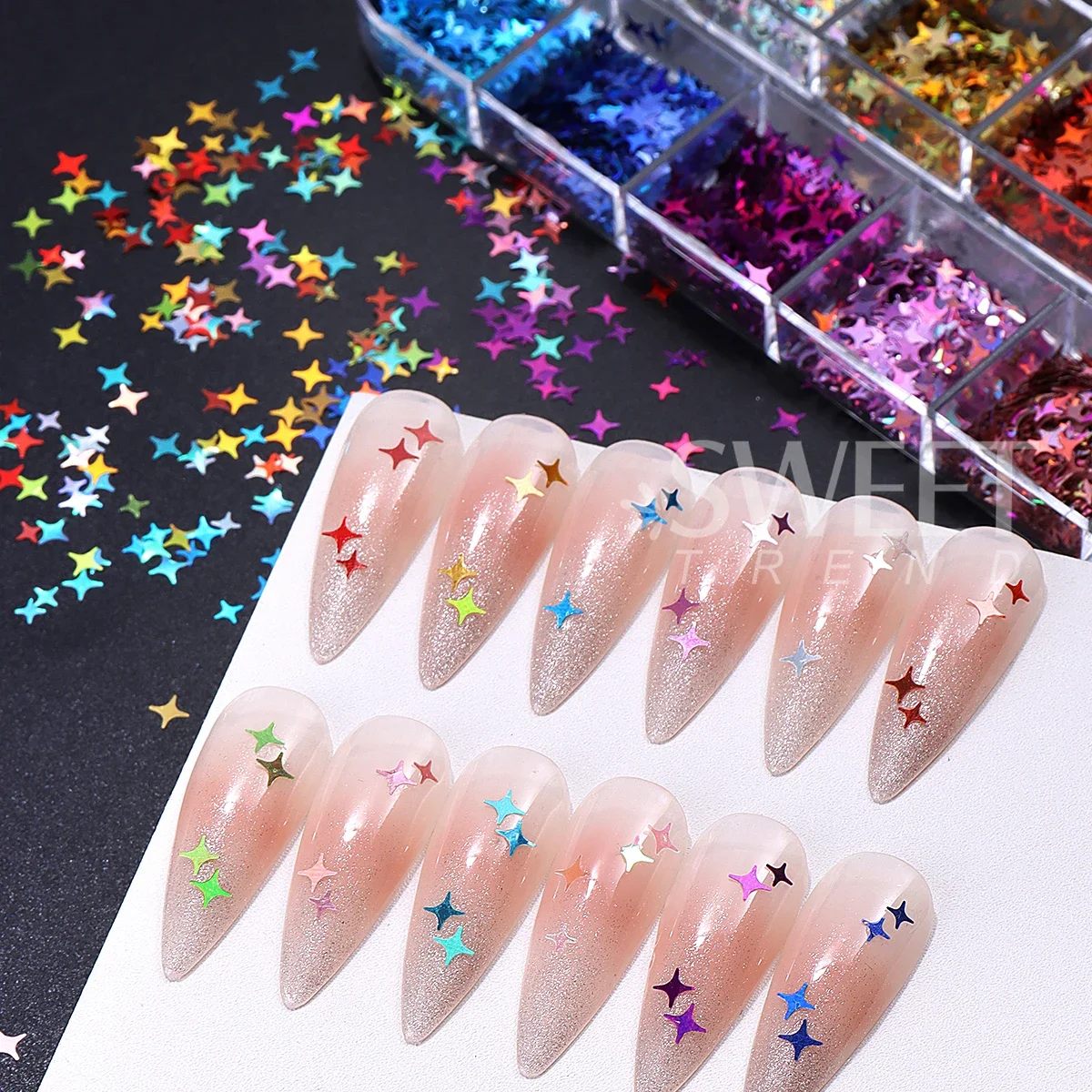 12 Grids Holographic Star Nail Glitter Flakes Sparkly Starburst Bright Slices Spangles Four-pointed Design Manicure Accessories