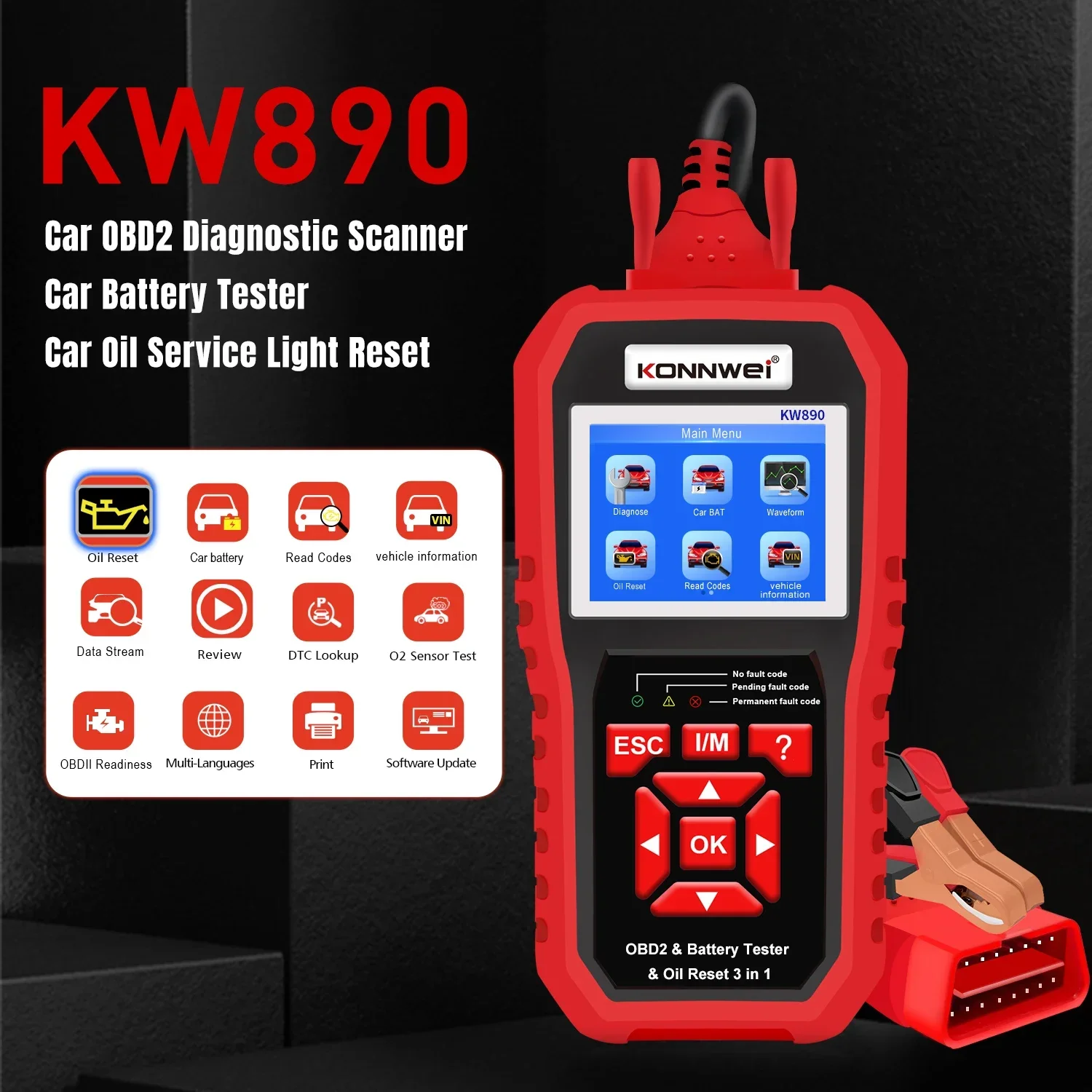 

KONNWEI KW890 Тестер батареи сброса масла OBD2 Диагностический сканер 3 в 1 EOBD Инструмент диагностики считывателя кодов проверки двигателя