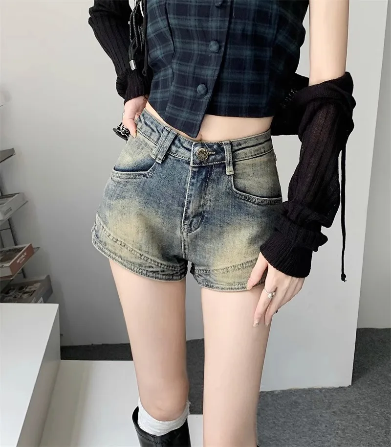 

Retro Distressed High Waist Denim Shorts Women's Trendy Loose Slim Summer Thin American Hot Girl A-Line Straight Leg Shorts