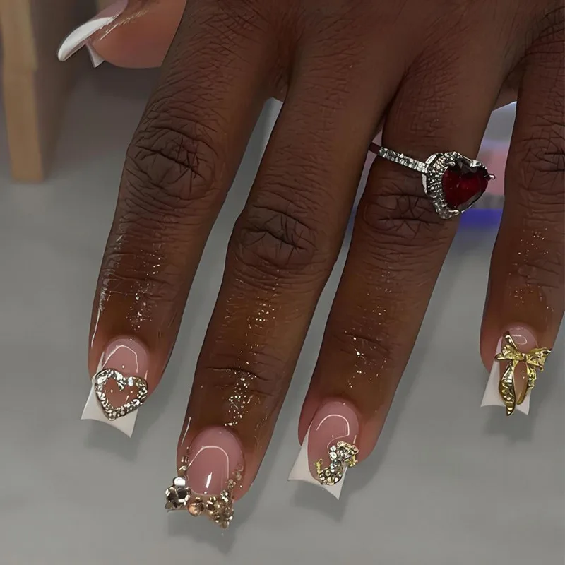 

24PCS False Nails Broken Diamond Love Bow Fake Nails French White Edge Square Press on Nails European American Wearable Romantic