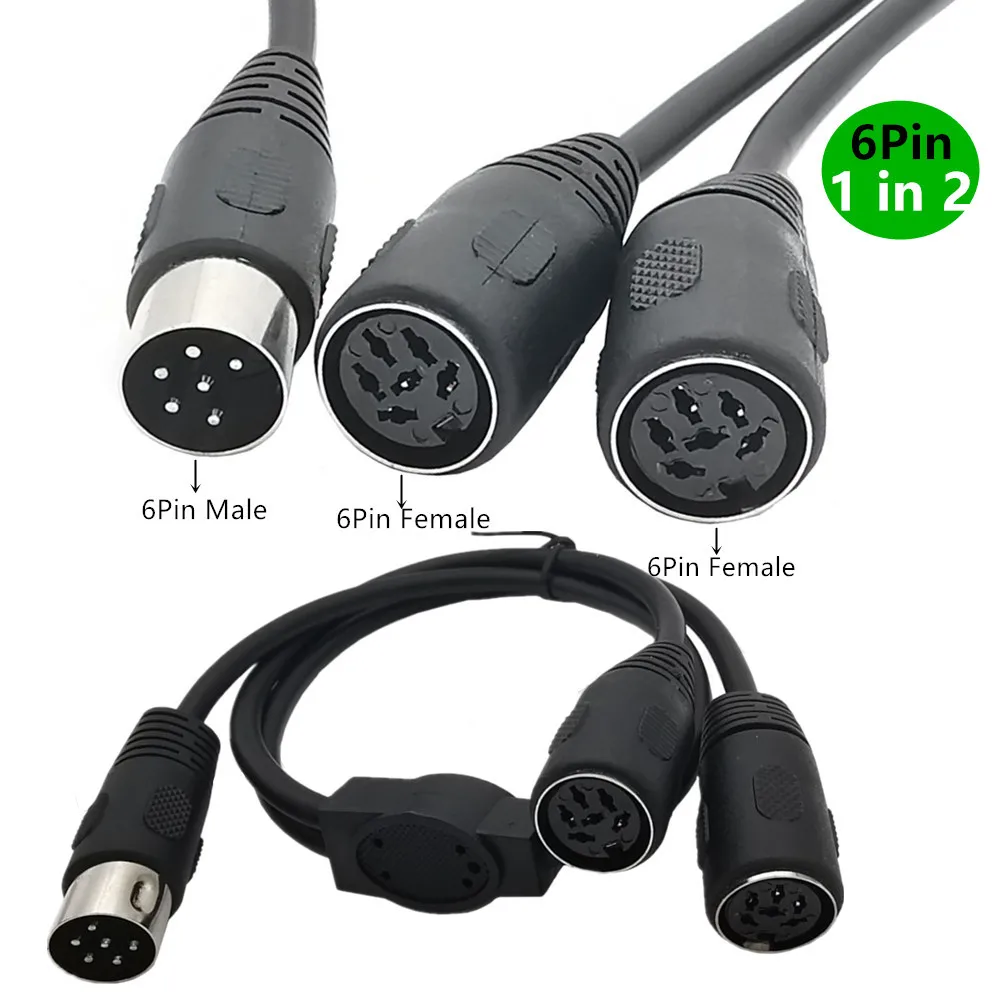 0.5M DIN 6 PIN 1 TO 2 Extension Y Cable 6pin DIN Male To 2 Female Plug AV Adapter Audio Socket For Digital Audio Devices, Black