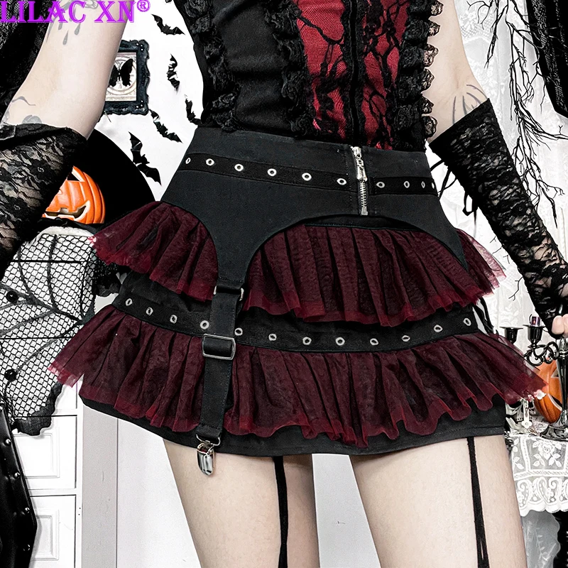 Y2K Gothic Red Lace Mesh Patchwork Mini Skirt Sexy Vintage Zipper Ballet Lolita Short Skirts Women Girls New Fashion Skirt