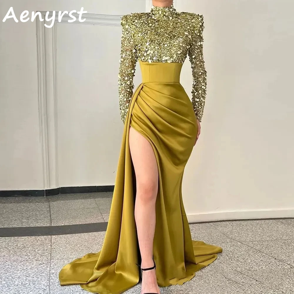 Aenyrst Shiny Sequined Long Sleeves Evening Dresses Mermaid Side Split High Collar Prom Gowns Floor Length Women Celebrate Dress