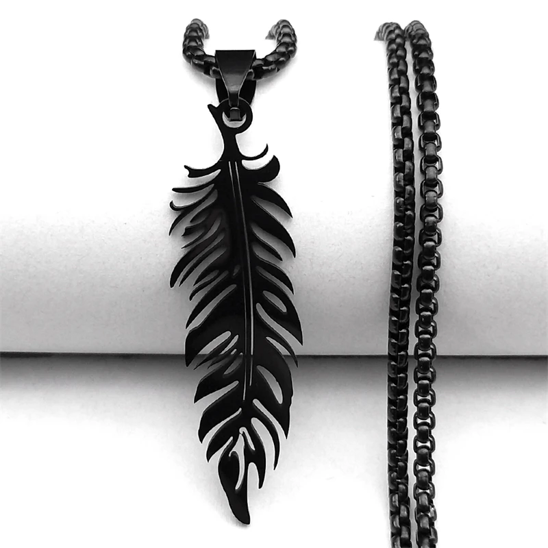 Boho Feder Anhänger Männliche Halskette für Frauen Männer Edelstahl Silber Farbe Blatt Kette Schmuck Geschenk kragen hombre N3393S01 – Detail 5