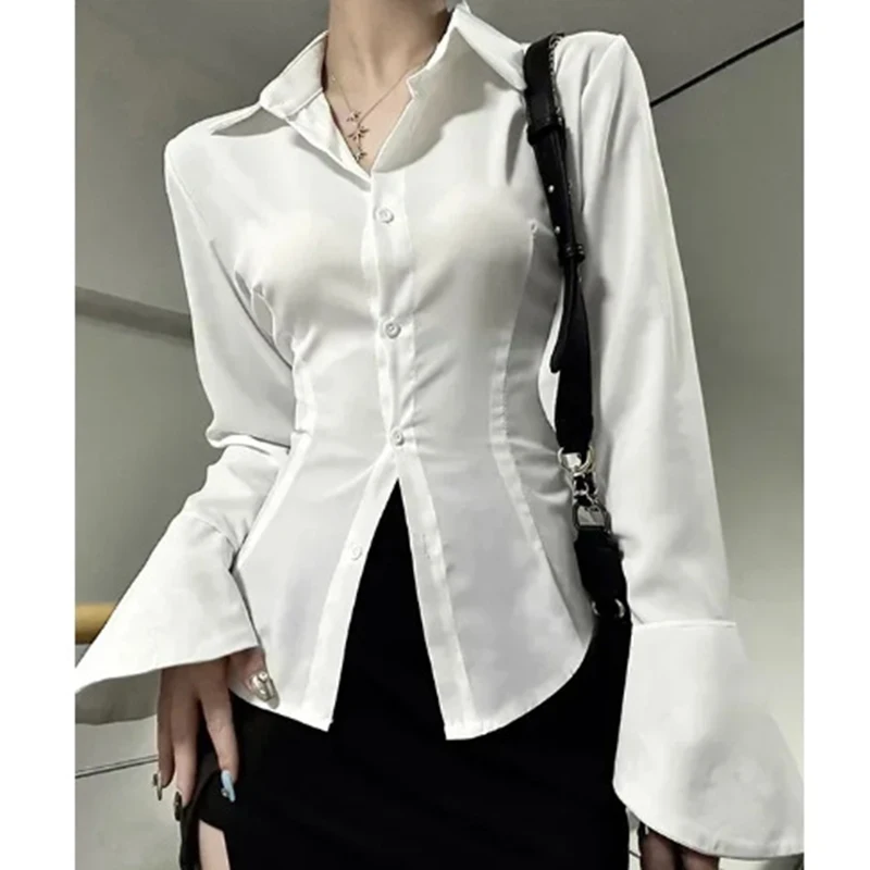 Women White Bandage Shirts Korean Sexy Slim Flare Long Sleeve Female Blouse Spring Autumn New Office All Match Ladies Tops