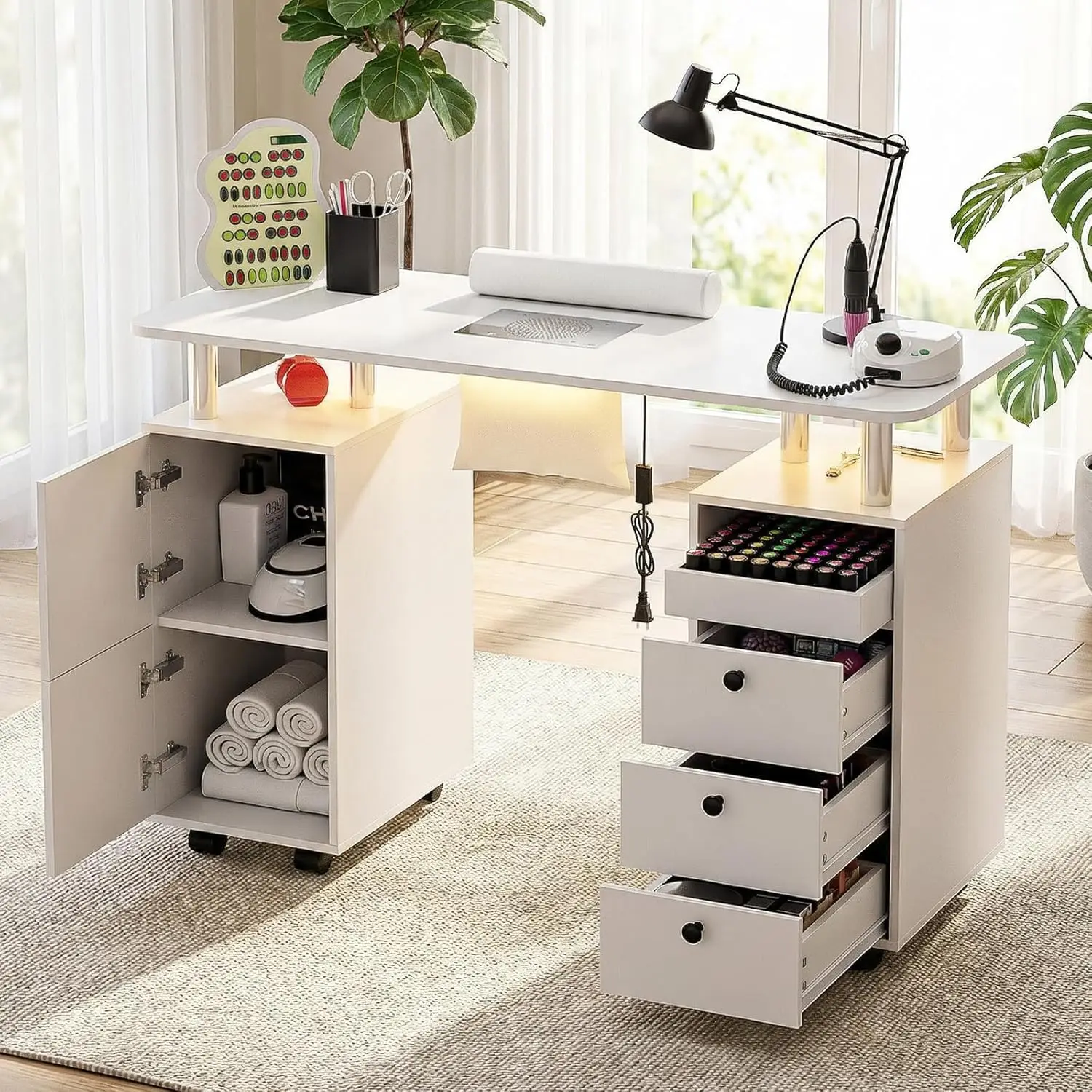 

Nail Tech Table with Dust Collector & LED Light, Rolling Manicure Desk with Storage Drawers & Cabinets, Lockable, Customized