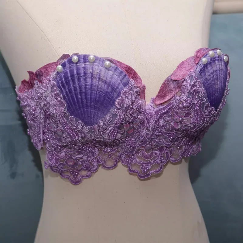 Personalizado sereia princesa vieira peito natural concha sutiã pérola sereia desempenho traje de dança do ventre
