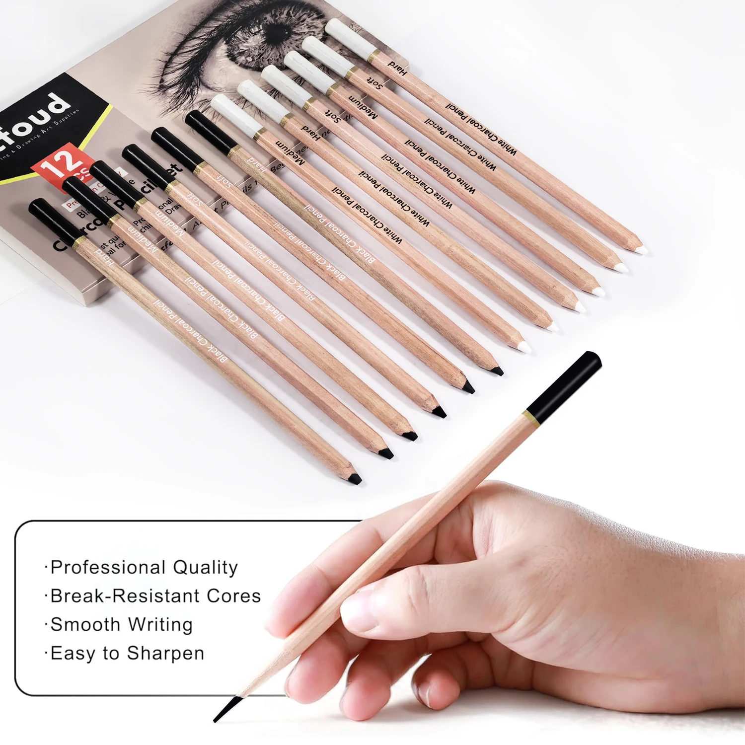 プロ炭鉛筆描画セット、6/10/12/20本入り、黒/白炭鉛 - Sketching Charcoal Set のレビューと価格