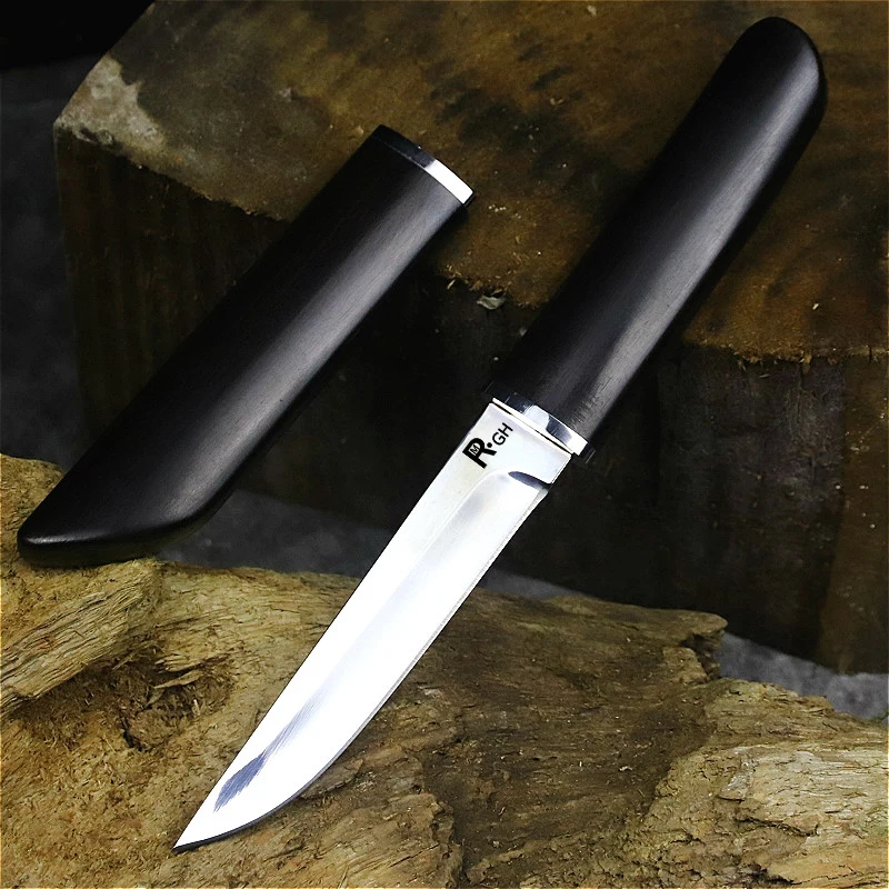 Ebony Samurai classic D2 steel reinforced straight knife, camp knife, jungle hunting tactical knife, collection knife