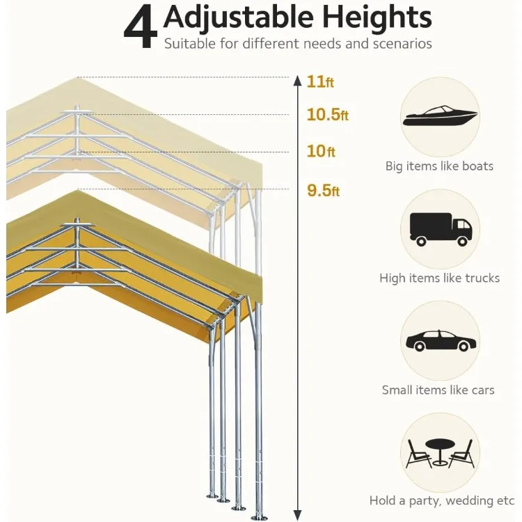 12x20 ft Canopy Garage Heavy Duty Carports Car Boat Shelter Party Tent, Adjustable Peak Height from 9.5ft to 11ft, Beige