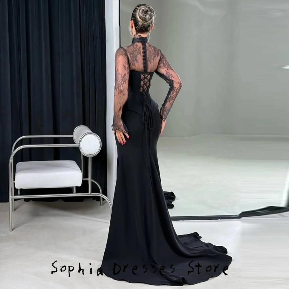 Customized Mermaid High Collar Long Sleeves Evening Dress Delicate Lace Special Occasion Gowns Fashion Buttons Celebrity Gowns