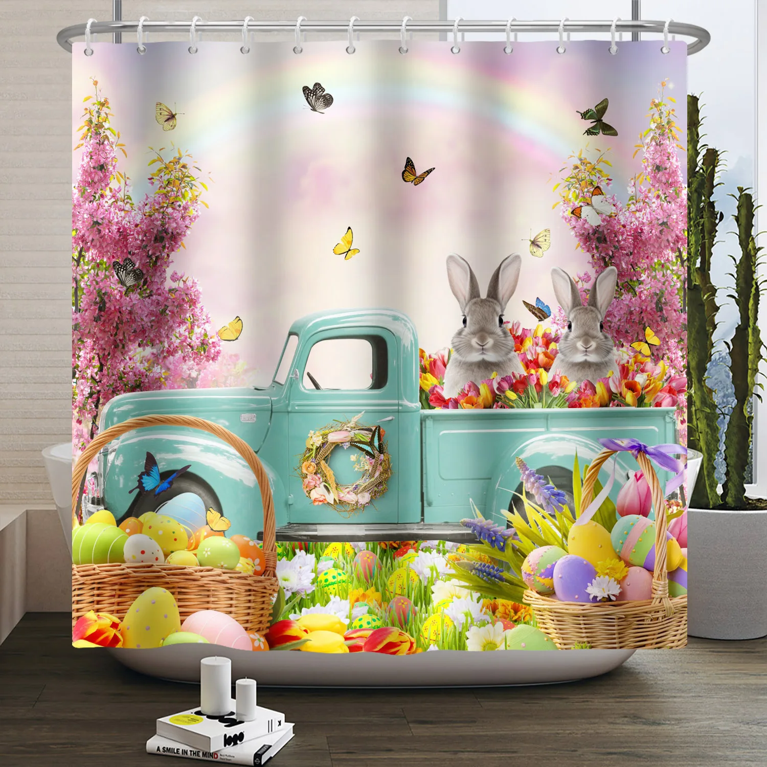 Happy Easter Shower Curtain Spring Wood Board Green Grass Rabbit Bunny Eggs Bath Curtains Waterproof Bathtub Screen