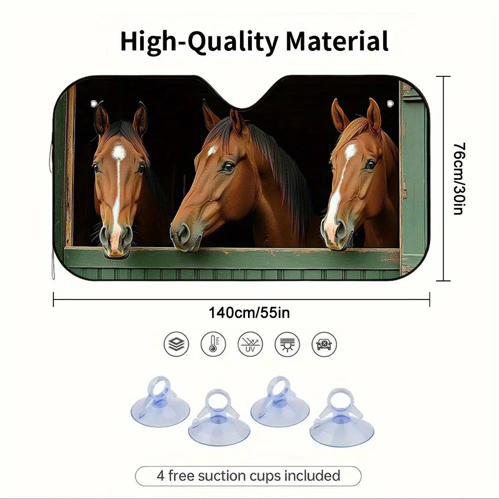 1pc 2D Flat Stable Three Horse Friends Print Car Sunshade with 4 Suction Cups – Foldable Design for Easy Storage