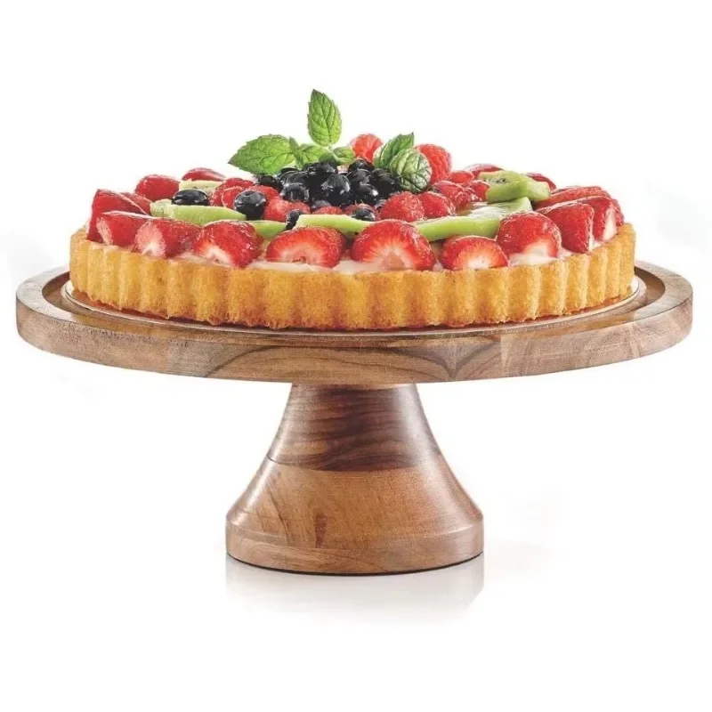 Acacia Wood Cake Tray,Acacia Round Cake Stand with Glass Cover for Wedding,Party,Display,Wooden Cake Decorating Stand