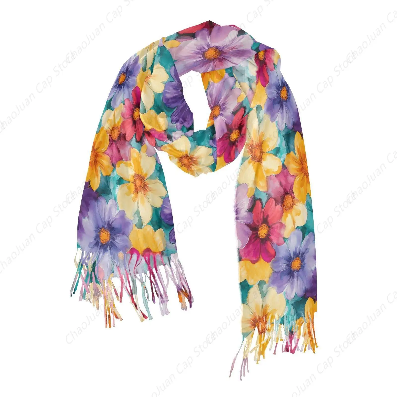 

Женский акварельный шарф с цветочным принтом, шали из пашмины, осенне-зимние теплые большие шарфы, модный длинный шарф с кисточками