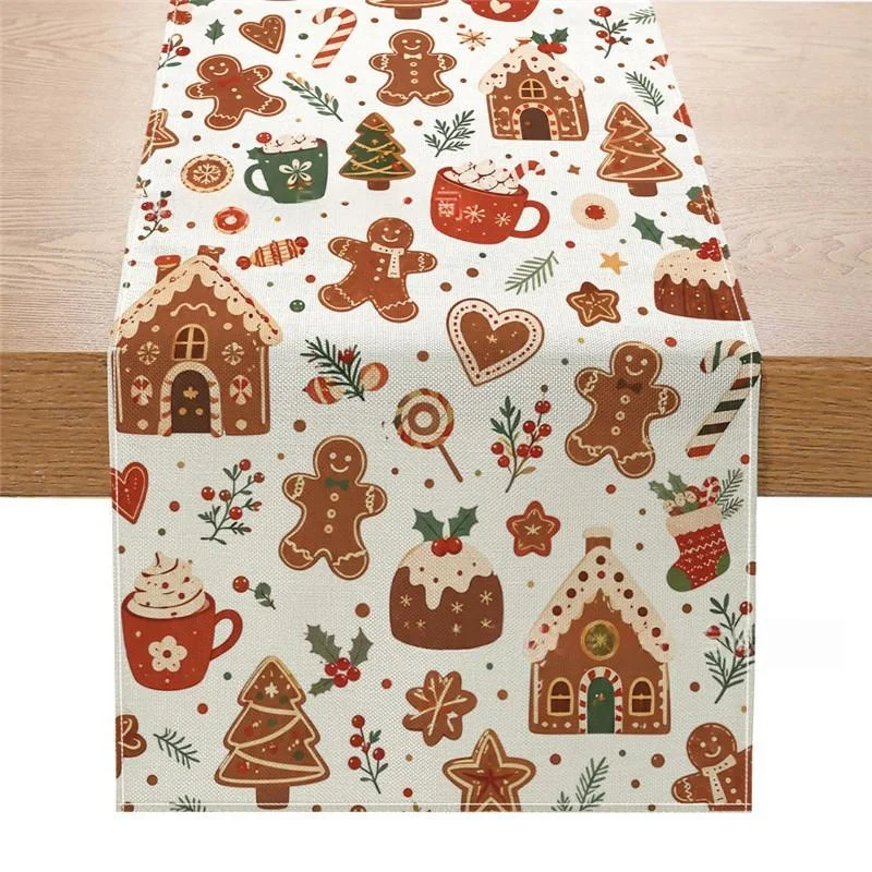 Christmas Gingerbread Man House Candy Bar Pattern Pie Tablecloth, Printed Table Skirt, Christmas Holiday Winter Pie Table Runner