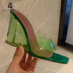 Slope Heel Transparent Sole Slippers Wedge High Heel Peep Toe Clear Shoes Candy Color New Fashion Beach Holiday Sapatos Mujer