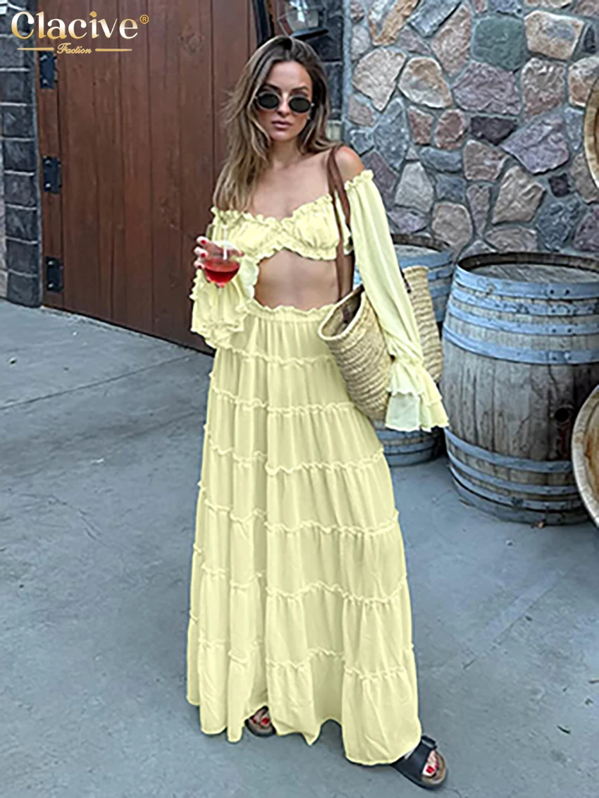 

Clacive Sexy Loose Yellow 2 Pieces Set For Woman Fashion Long Sleeve Crop Top With High Waist Maxi Skirt Set Female Clothing