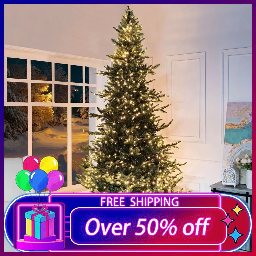 9ft Aritificial Christmas Tree with Lights, Realistic Charming Christmas Tree Prelit with 2106 Branch Tips, 1100 Warm Lights